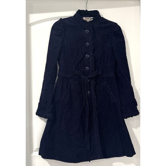 Anthropologie Elevenses Coat 4 Blue Corduroy Belted Button Front Jacket - Picture 1 of 9